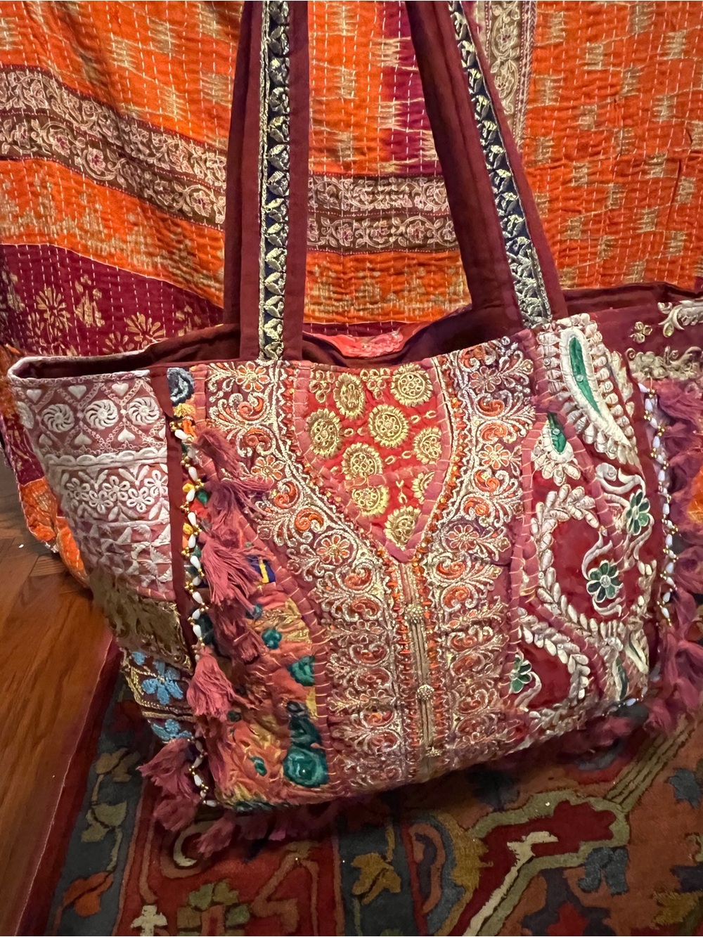 Embroidered Pink Boho Patchwork Tote Bag